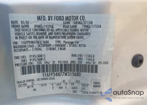 2007 Ford Focus S/Se/Ses из США, поврежденный, VIN 1FAFP34N77W315680